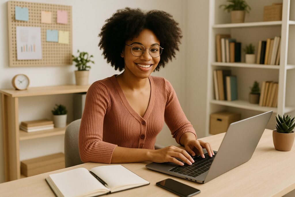 A young woman wearing a yellow sweater prepares to ship handmade products in her cozy home office, with cardboard boxes, tape, and a laptop showing her online shop dashboard.