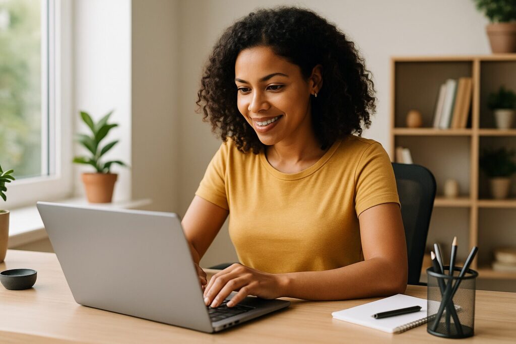 A young African American woman sits at a desk surrounded by packaging supplies and a laptop, setting up an online storefront for her affordable business, with natural light streaming through a window.