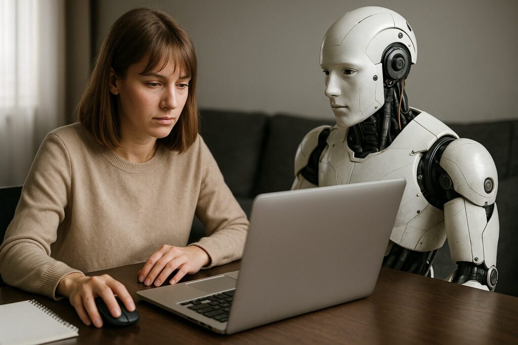 A woman types on a laptop as a white AI robot looks on, both focused on a screen in a softly lit room, symbolizing human-AI teamwork in digital income generation