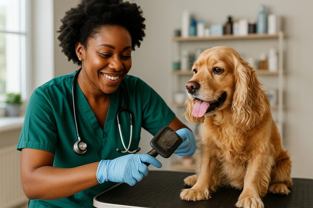 African American female vet grooming a golden Cocker Spaniel on a grooming table in a clinic setting