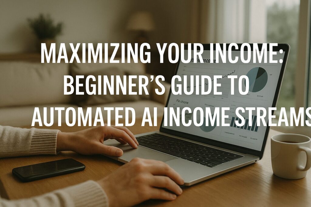 A laptop on a wooden desk displays financial graphs, with a person typing and the article title "Maximizing Your Income: Beginner’s Guide to Automated AI Income Streams" overlaid in bold white text.
