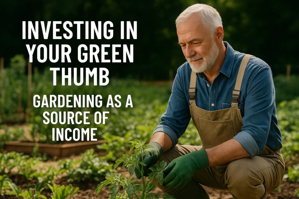 Older man gardening in full sun surrounded by crops, with bold text 'Investing In Your Green Thumb – Gardening As A Source Of Income