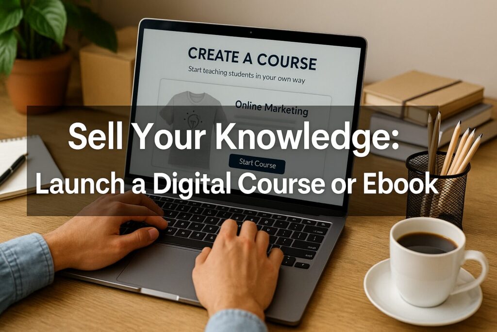 A digital promotional banner encouraging people to sell their knowledge by launching an online course or ebook, displayed on a creative workspace.