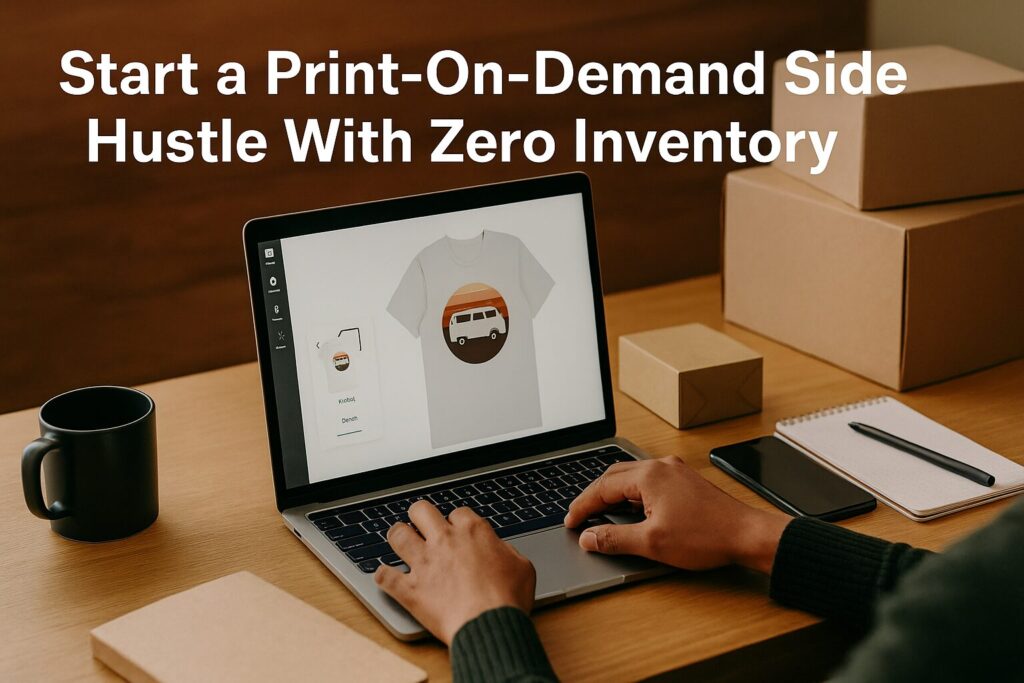 A person working on a laptop with a custom t-shirt design displayed, surrounded by boxes and workspace items, with the title “Start a Print-On-Demand Side Hustle With Zero Inventory” overlayed.