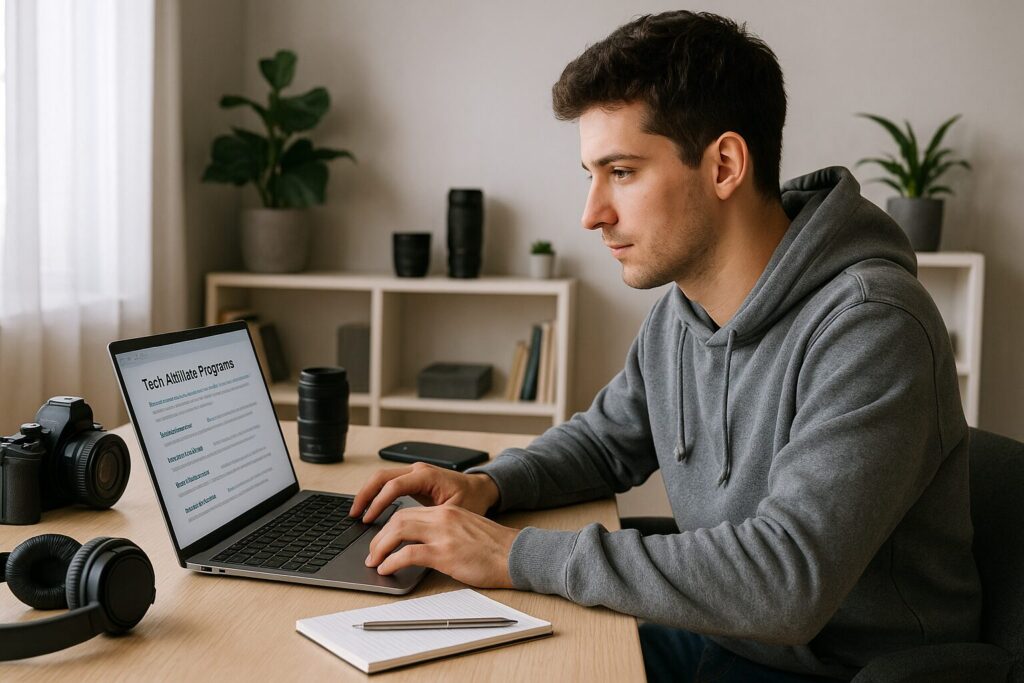 A young man in a casual hoodie sits at a home office desk working on a laptop surrounded by camera gear and headphones, actively researching tech affiliate programs in a bright, modern space