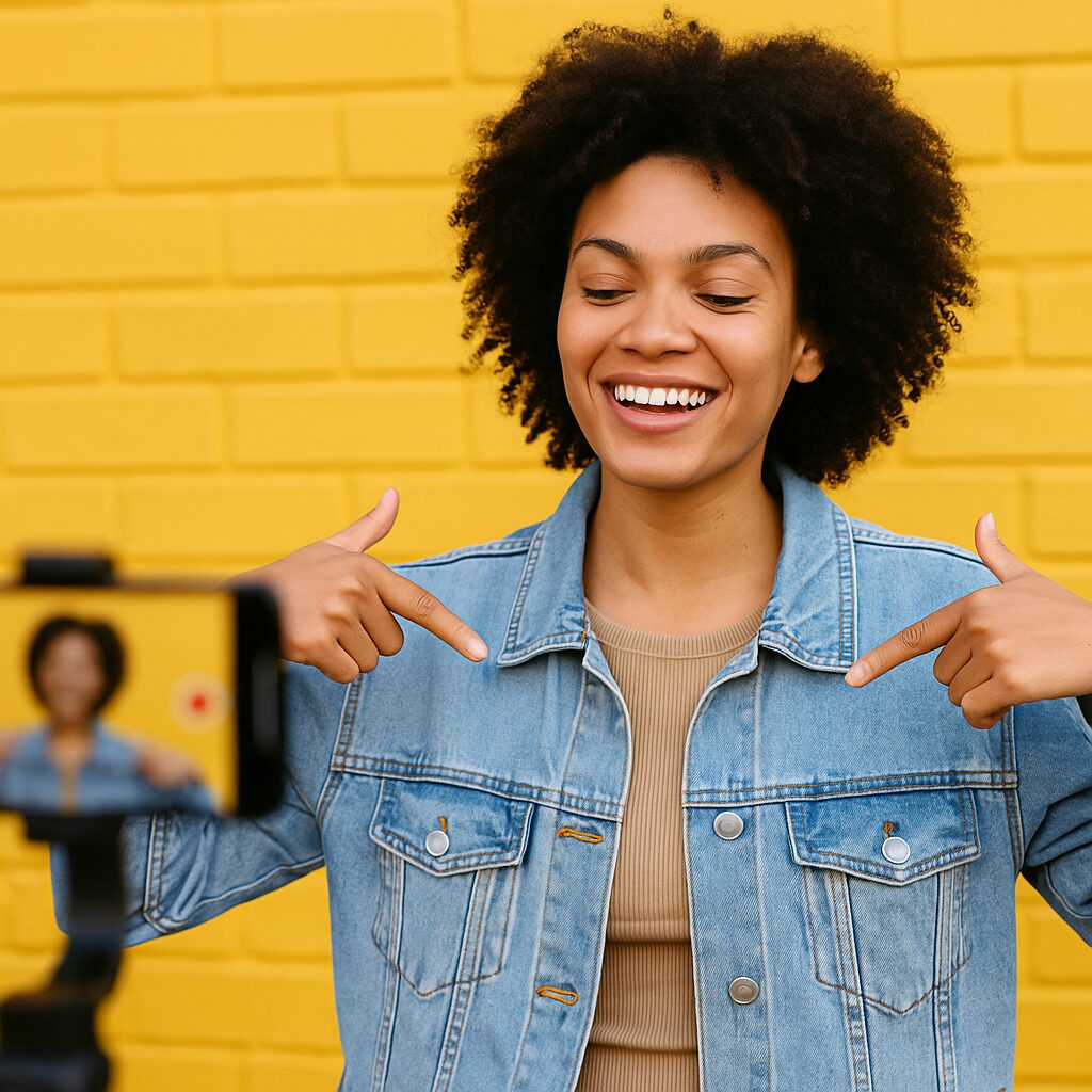 A smiling African-American woman in a denim jacket playfully points at herself while being recorded by a smartphone against a bright yellow brick wall, expressing personal branding confidence
