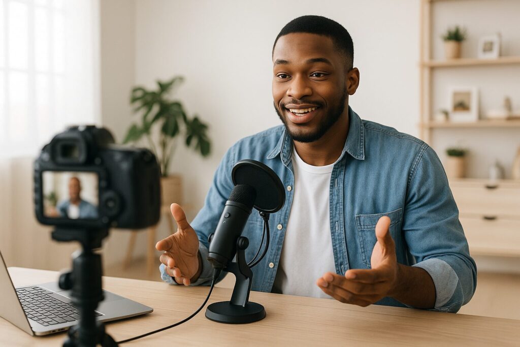 A young African American man speaking confidently in front of a camera while recording a lesson for his digital course