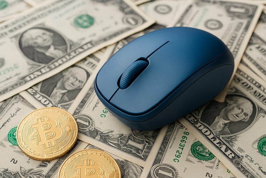 A photo-realistic close-up of a blue wireless mouse placed on top of U.S. dollar bills and golden Bitcoin coins, symbolizing digital work and online earnings.