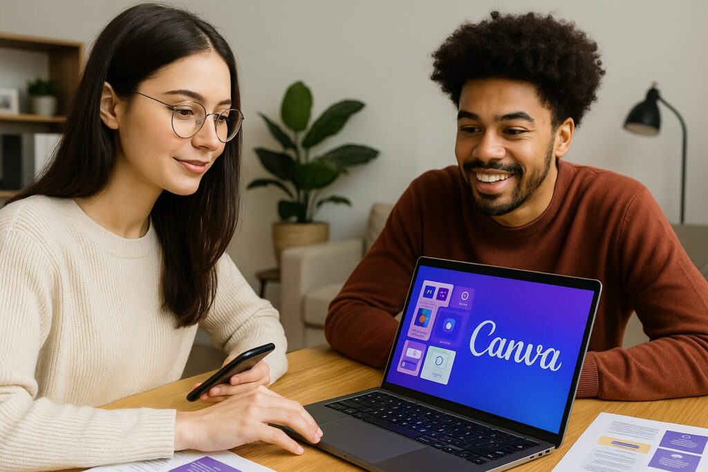 Two young professionals collaborate on a Canva design project in a bright, modern home office. The woman with long dark hair and glasses works on her laptop, while the man with curly hair and a warm smile leans in to view the screen. The workspace features design materials and abundant natural light.