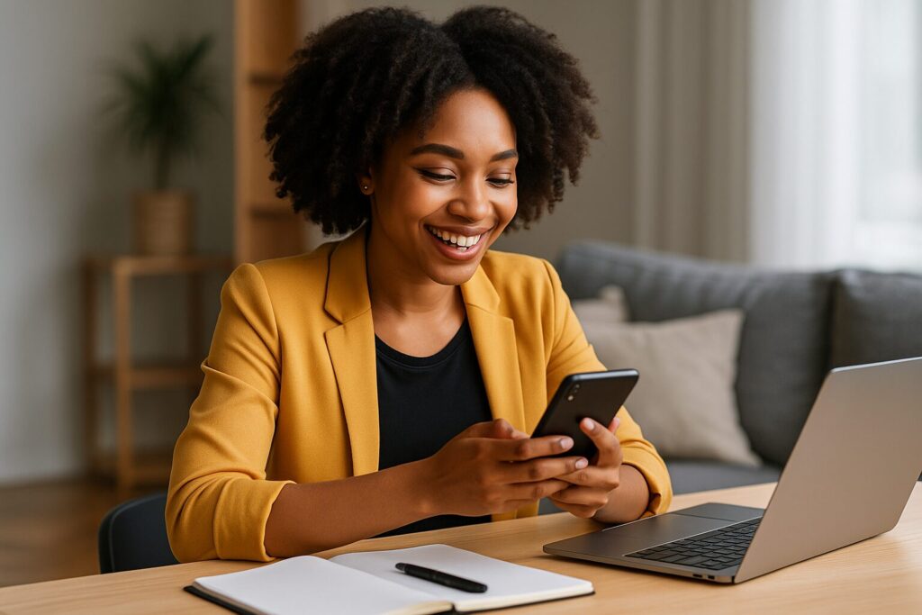 A young African-American woman in a mustard blazer smiles while using her smartphone at a wooden desk with a laptop and notebook, illustrating content planning and digital branding at home