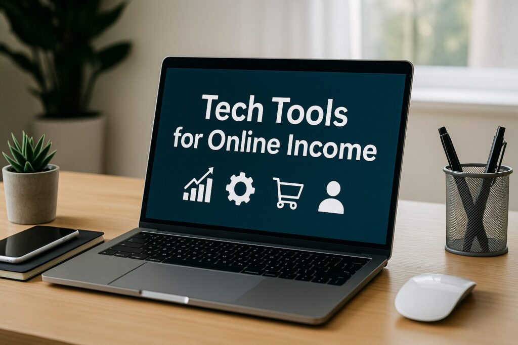 A high-resolution photo of a sleek silver laptop on a light wood desk displaying “Tech Tools for Online Income,” surrounded by a phone, notepad, pen holder, and potted plant, with soft daylight streaming through a window in the background