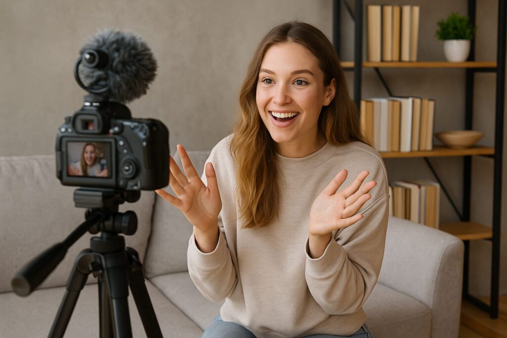 A cheerful young woman with long brown hair sits on a modern gray sofa, enthusiastically speaking to a DSLR camera while recording video content in a cozy living room with a bookshelf in the background