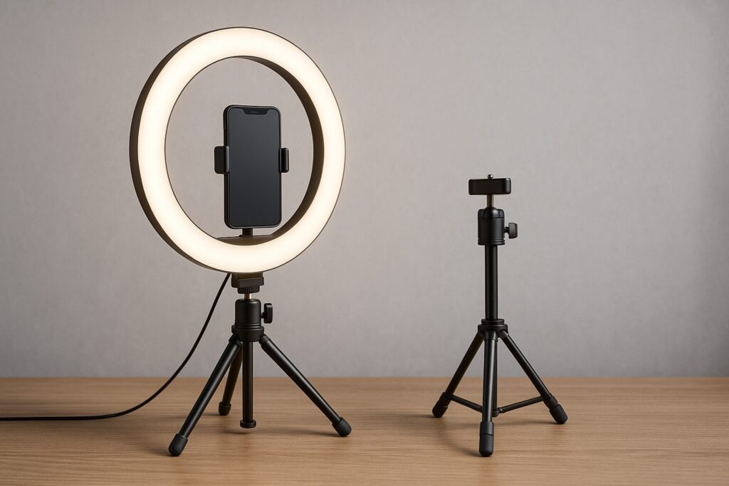 A high-quality digital photo showcasing a professional LED ring light with an adjustable tripod and phone holder, set on a wooden desk against a soft gray background—ideal for content creators focused on online income