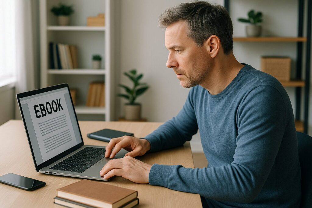 A middle-aged Caucasian man sitting at a desk, focused on formatting his new ebook for digital publication in a modern home workspace.