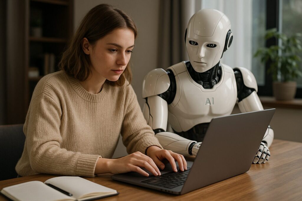 A young woman sits at a desk, working on a laptop while a humanoid AI robot observes attentively beside her, representing collaboration between humans and artificial intelligence