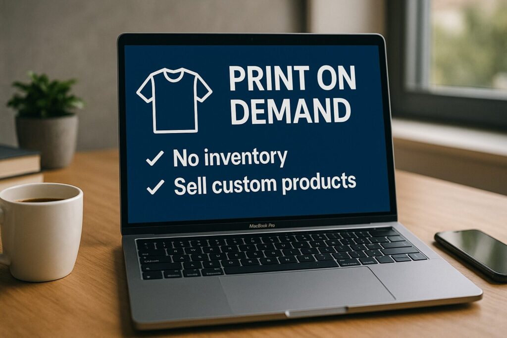A MacBook Pro on a wooden desk shows the benefits of print-on-demand with text reading “No inventory, Sell custom products,” surrounded by a coffee mug, plant, and books