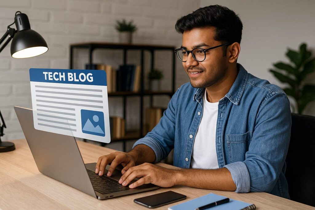 A young South Asian man types on a laptop with a “TECH BLOG” graphic floating on screen, working in a cozy home office setup with a desk lamp, books, and plants