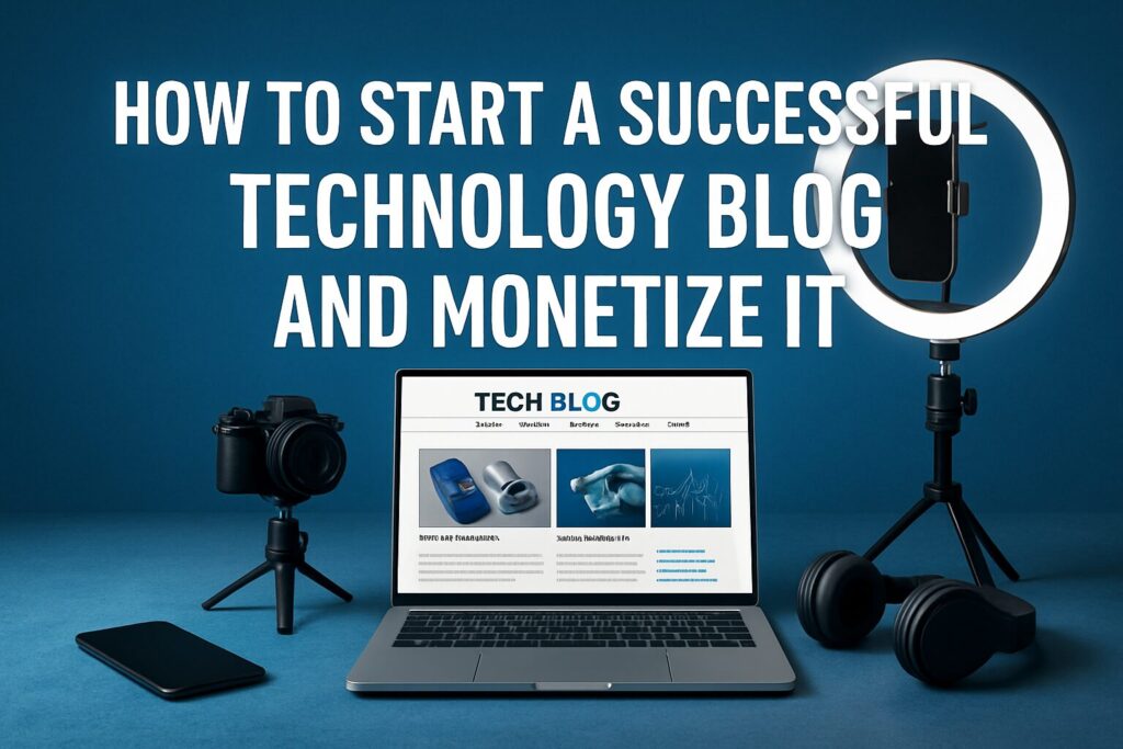 A digital header graphic with the title “How To Start A Successful Technology Blog And Monetize It” over a dark-themed workspace background showing a laptop and tech blogging icons.