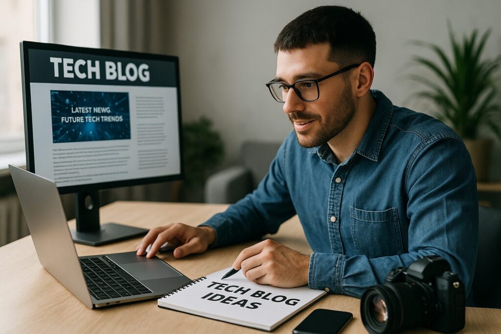 A man in glasses sits at a modern wooden desk with a laptop and DSLR camera, writing in a notebook titled “TECH BLOG IDEAS,” with a monitor displaying a tech blog article about future trends