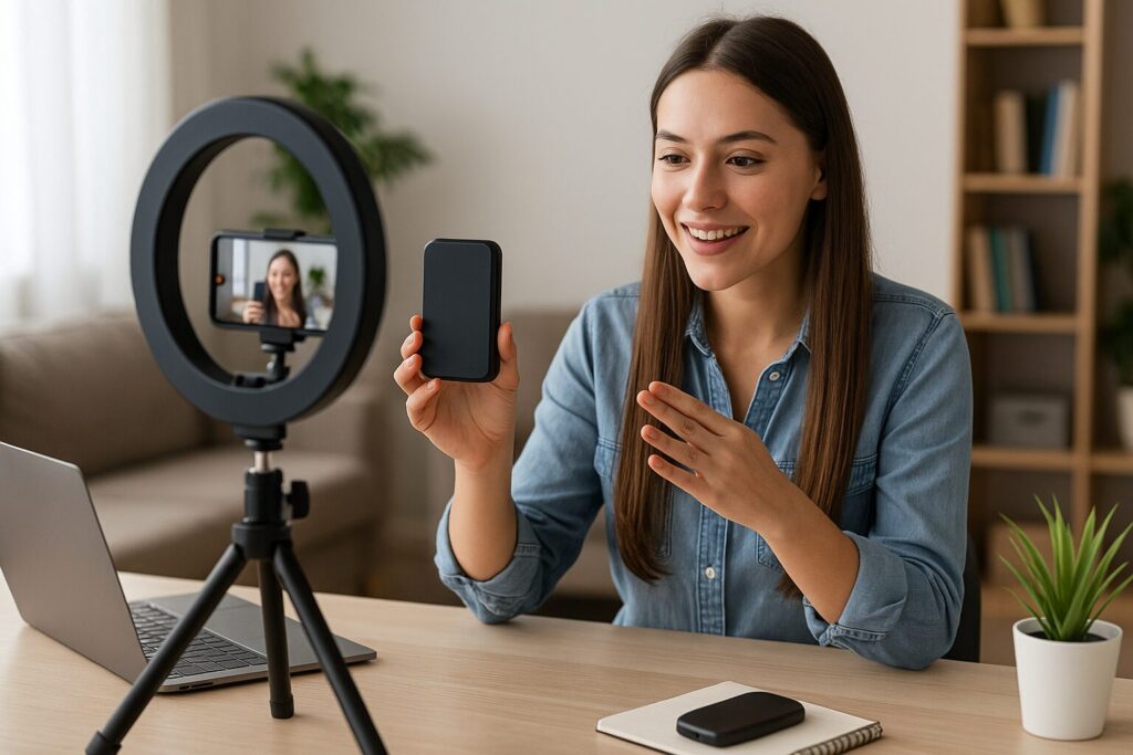 A young woman with long hair records a product review using her smartphone and tripod while holding a tech gadget, illustrating content creation for affiliate marketing in the tech industry