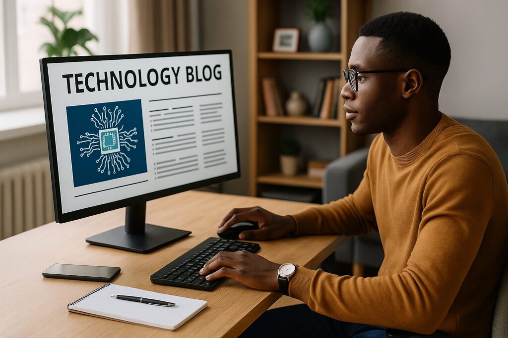 An African American man in a mustard sweater focuses on his widescreen monitor displaying a “TECHNOLOGY BLOG” page, working at a modern desk with a clean, minimalist office background