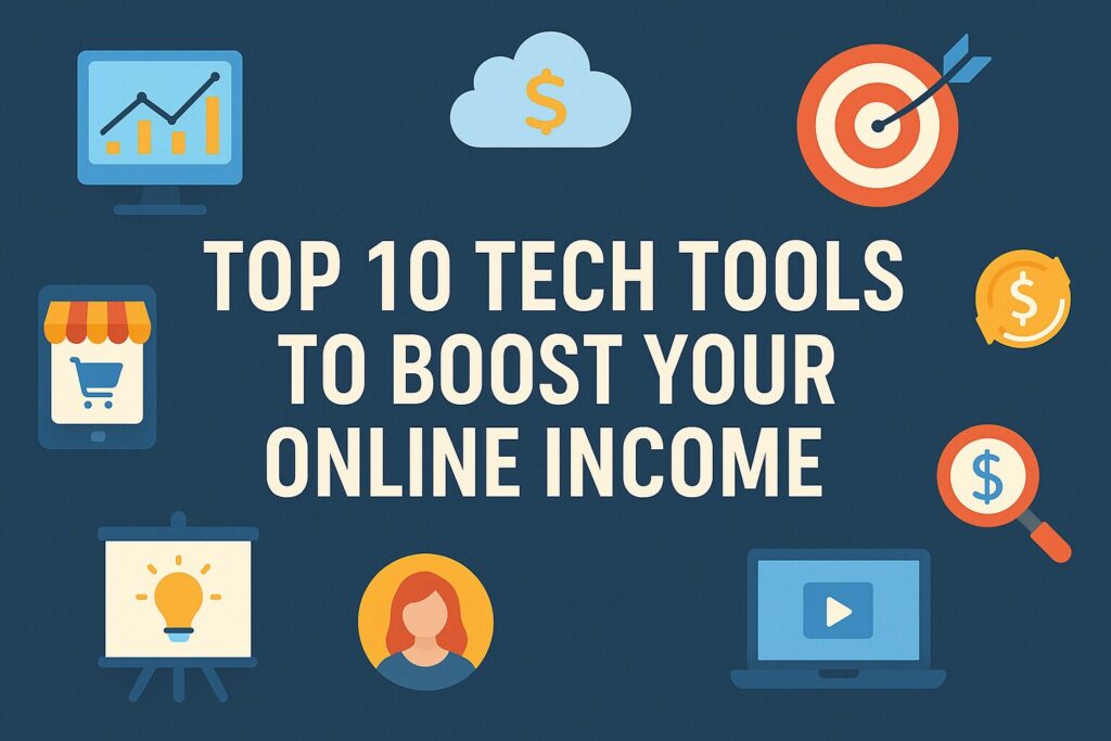 A 2D digital graphic design with bold white text reading "Top 10 Tech Tools to Boost Your Online Income" surrounded by flat icons for analytics, cloud money, targets, e-commerce, lightbulb ideas, and video content on a dark blue background