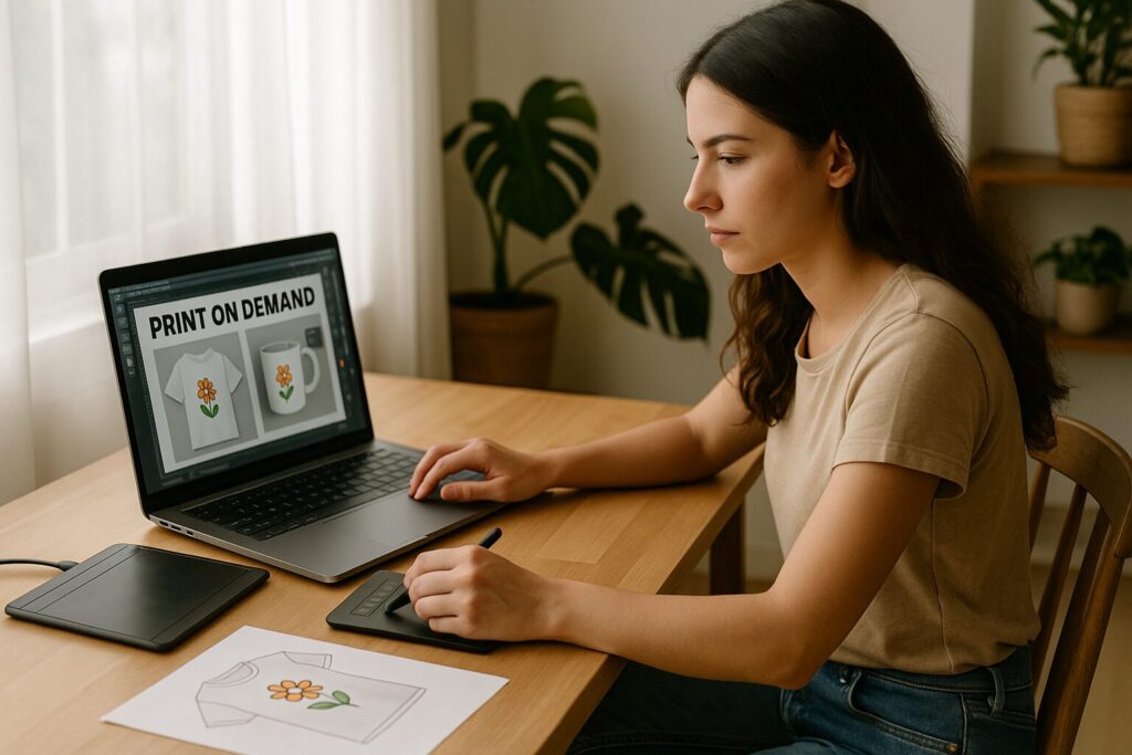 A young woman with long dark hair focuses on designing t-shirts and mugs on her laptop using a digital drawing tablet. The workspace includes design printouts and soft natural lighting, showcasing a home print-on-demand setup