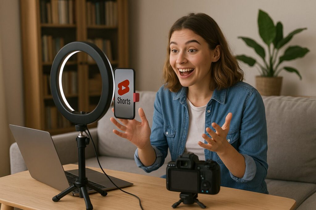 A young woman in a denim shirt excitedly speaks while recording YouTube Shorts using a phone, laptop, and camera setup in a cozy living room with bookshelf and plant in the background