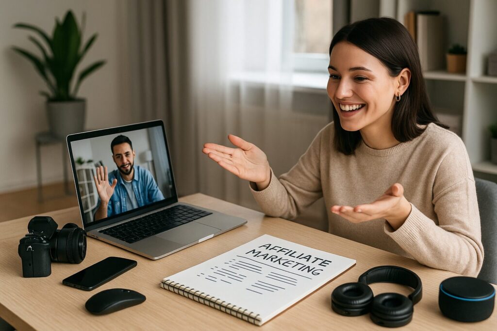 A smiling young woman sits at a desk during a video call, with tech gadgets and affiliate marketing notes spread out around her, symbolizing collaboration and digital product promotion