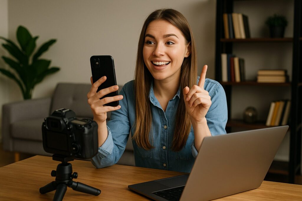 A cheerful young woman gestures while filming with a smartphone in one hand and DSLR camera and laptop on the desk in front of her, representing a home content creation setup.