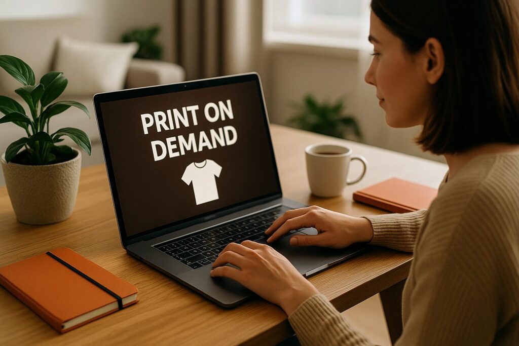 A light-skinned woman types on a laptop displaying “PRINT ON DEMAND” in a cozy, sunlit home office. The desk features a coffee mug, plant, and orange notebook, reflecting a focused entrepreneurial setup