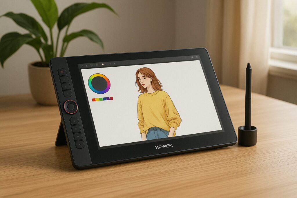 A photo-realistic image of the XP-PEN Artist Pro 16 drawing tablet in use, placed on a wooden desk with a stylus, digital artwork in progress, and a potted plant nearby, capturing a calm and productive design workspace.