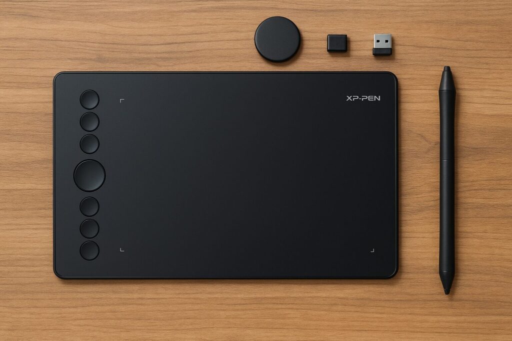 A flat lay photo of an XP-PEN Deco MW graphic tablet, stylus, and wireless accessories on a wooden desk, ideal for digital entrepreneurs and creatives designing print-on-demand products or digital art.