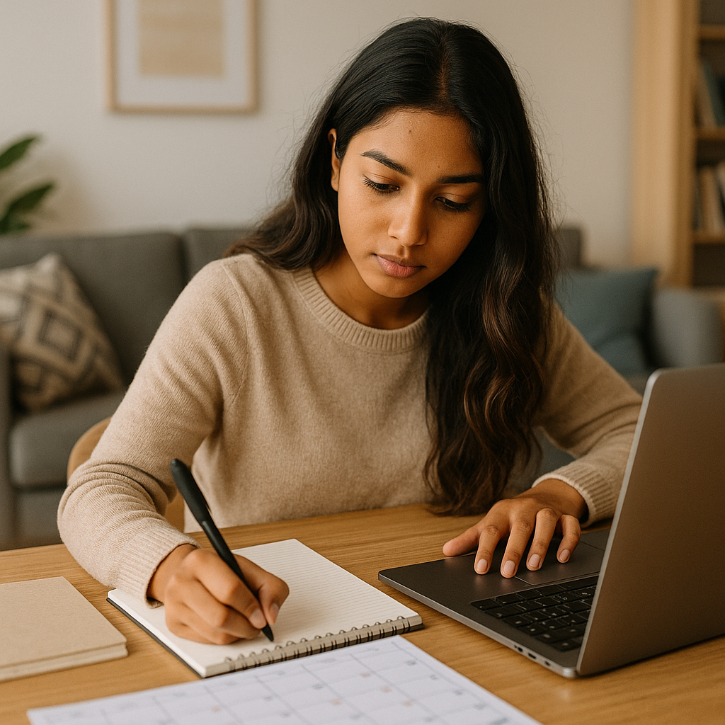 A young South Asian woman in a light blue blouse is seated with her laptop and a cup of coffee, browsing through a Shopify store interface in a modern workspace.