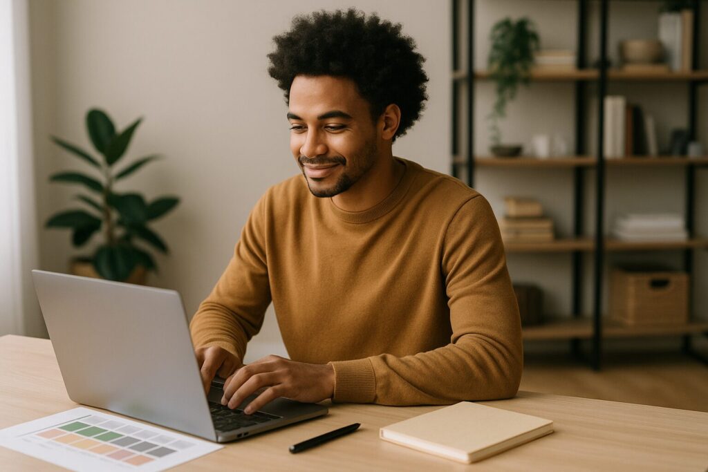 A young man with curly hair working on a laptop, designing digital templates in a bright modern office.