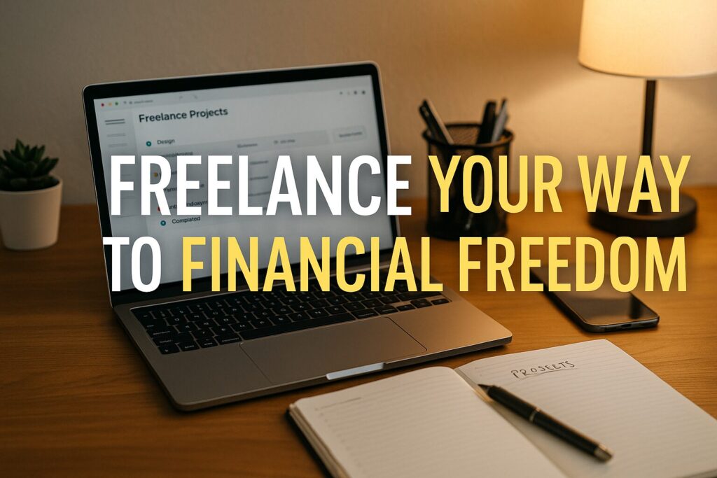A digital banner with text encouraging people to start freelancing and earn money from home, displayed on a laptop in a cozy workspace.