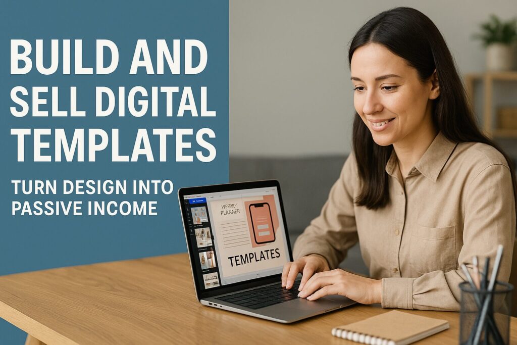 A digital workspace showing design elements and template files, promoting the concept of earning passive income through template sales.
