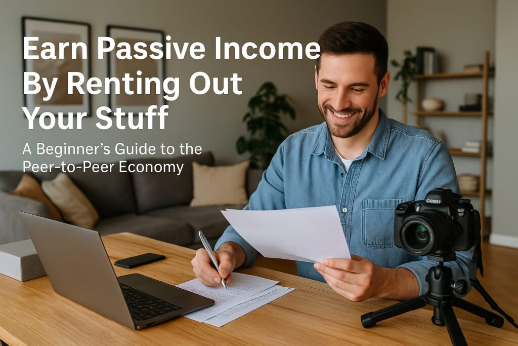 A clean digital workspace with a laptop and home decor, symbolizing peer-to-peer rental income and minimalism.
