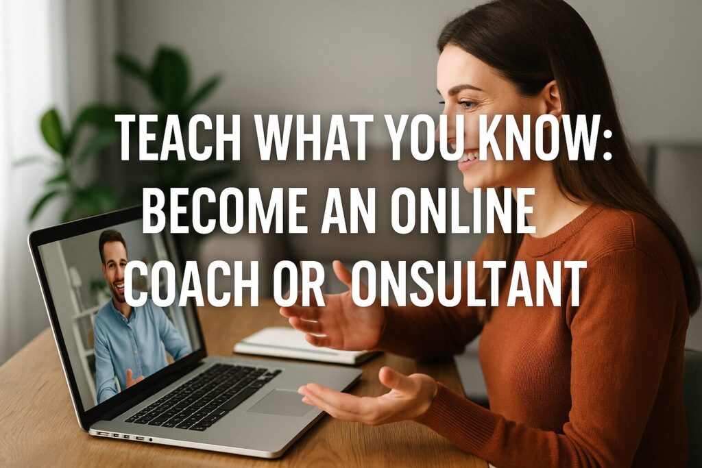 A digital banner in landscape orientation with the text 'Teach What You Know: Become an Online Coach or Consultant' and a background of a home office setup.