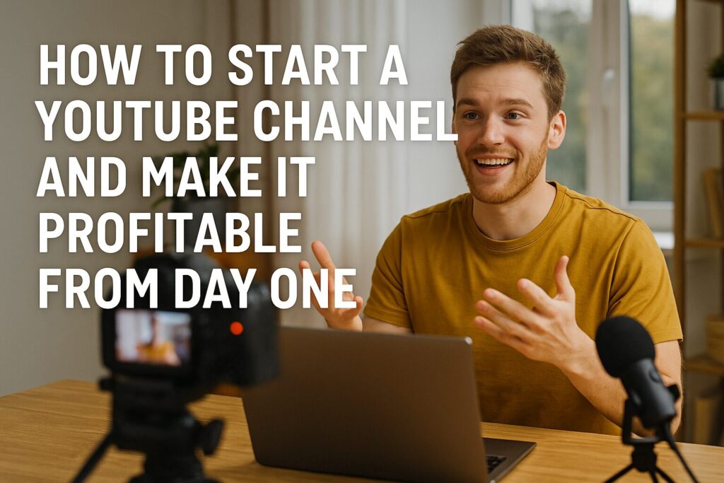 A high-resolution digital banner featuring a modern workspace and promotional text encouraging success on YouTube.
