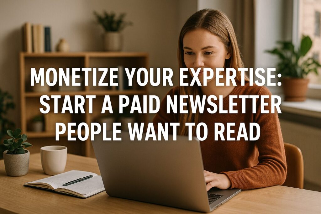 A young woman smiling while using a laptop at a home desk, planning her paid newsletter