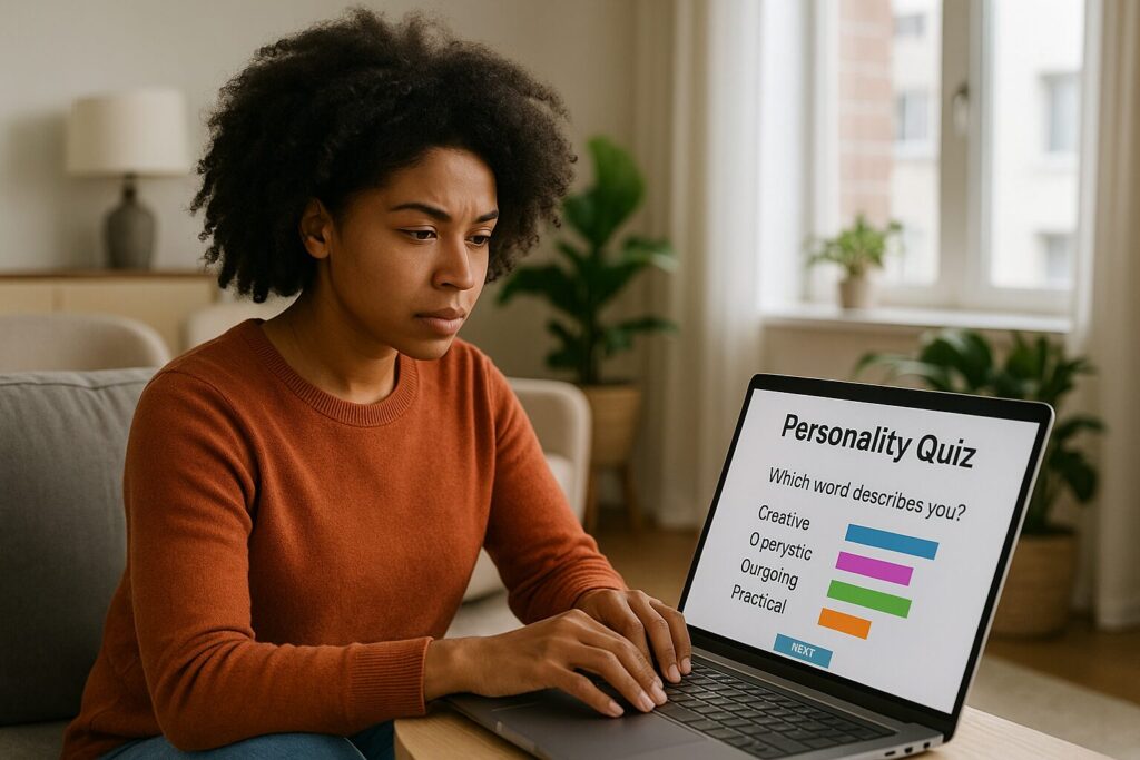 An African American woman focused on her laptop screen displaying a colorful personality quiz in a cozy living room.