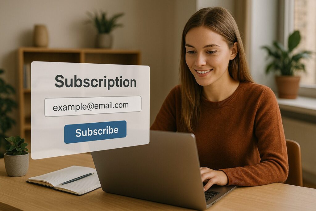A Caucasian woman reviewing email subscriber analytics on a tablet in a cozy workspace.