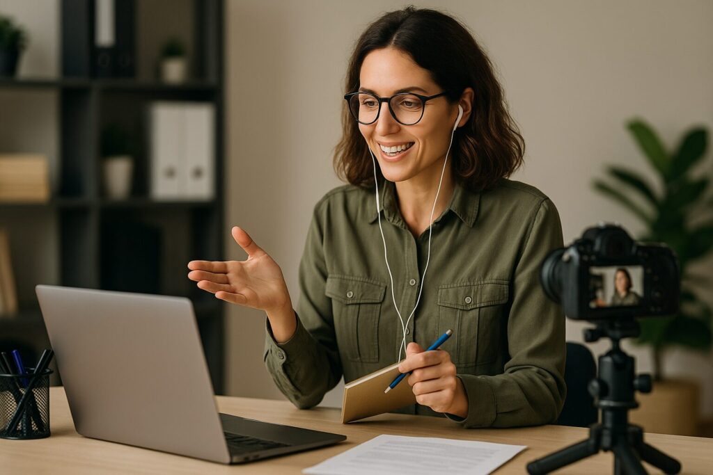 A Caucasian woman smiling while conducting an online coaching session from a bright, modern home office.