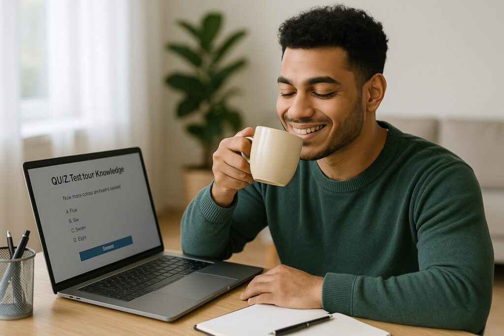 A young man sipping from a beige mug in a bright room, smiling as he takes an online quiz on his laptop.
