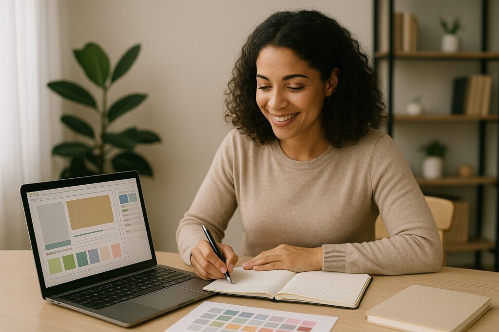 A professional African American woman reviewing design templates on her tablet in a creative studio environment.