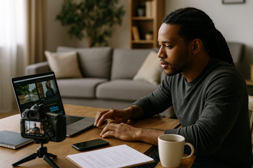 A young African American man smiling while working as a virtual assistant from his desk with a notebook and dual monitors.
