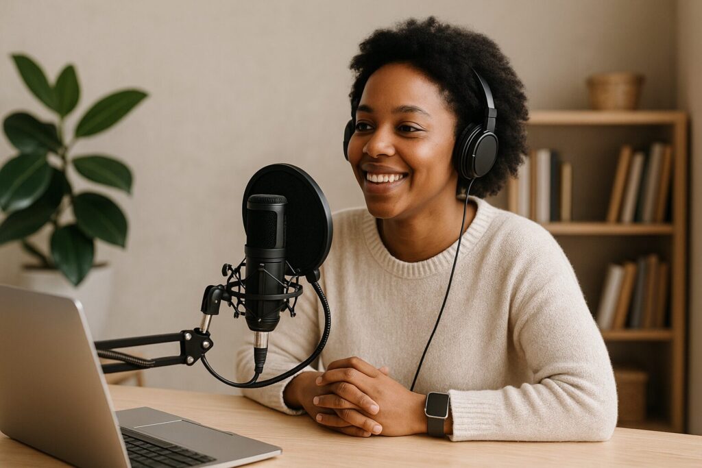 A young African American woman sitting on a couch records herself with a camera setup, speaking confidently for her YouTube channel.