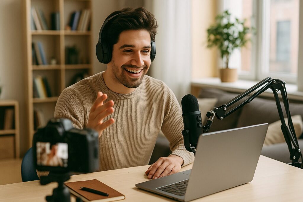 A young Caucasian man in a casual shirt smiles while using a laptop at a bright home desk, building his YouTube presence.
