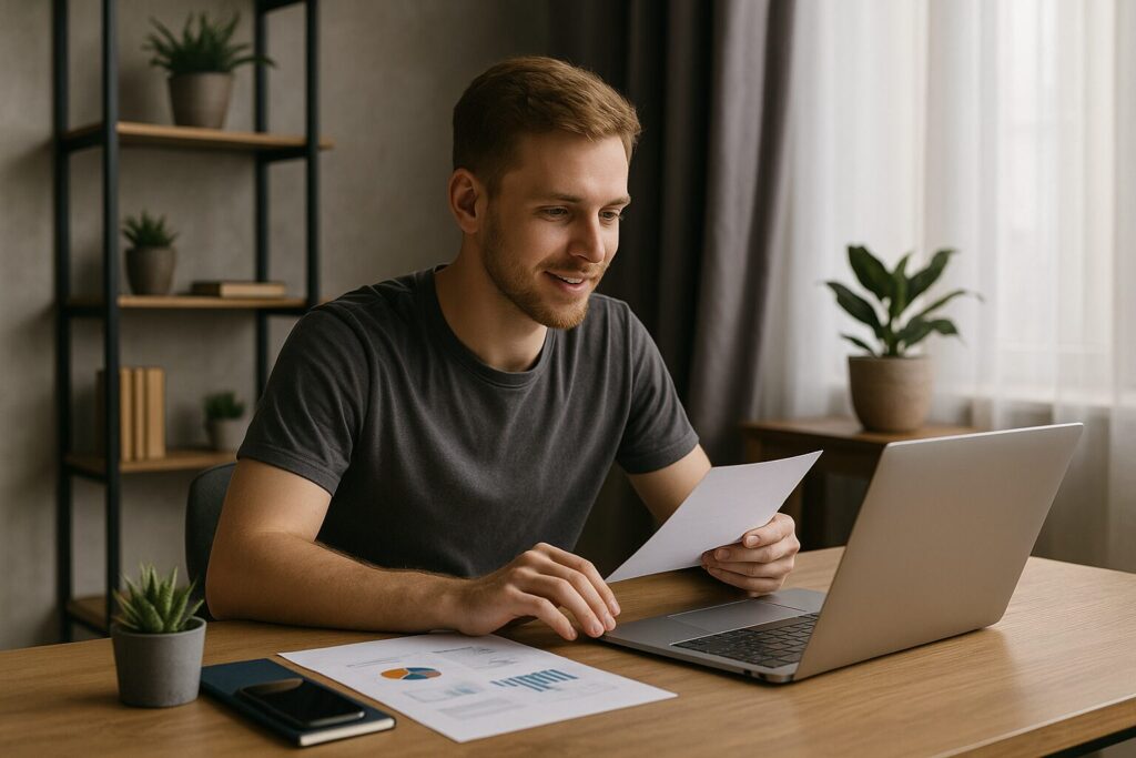 A young Caucasian man with short hair working on a website usability evaluation project in a clean office setting